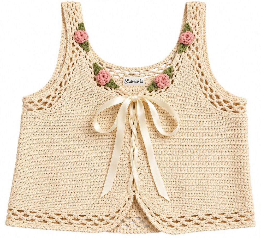Style Works Vintage Coquette White Crochet Floral Tank Top Women’s Size Medium
